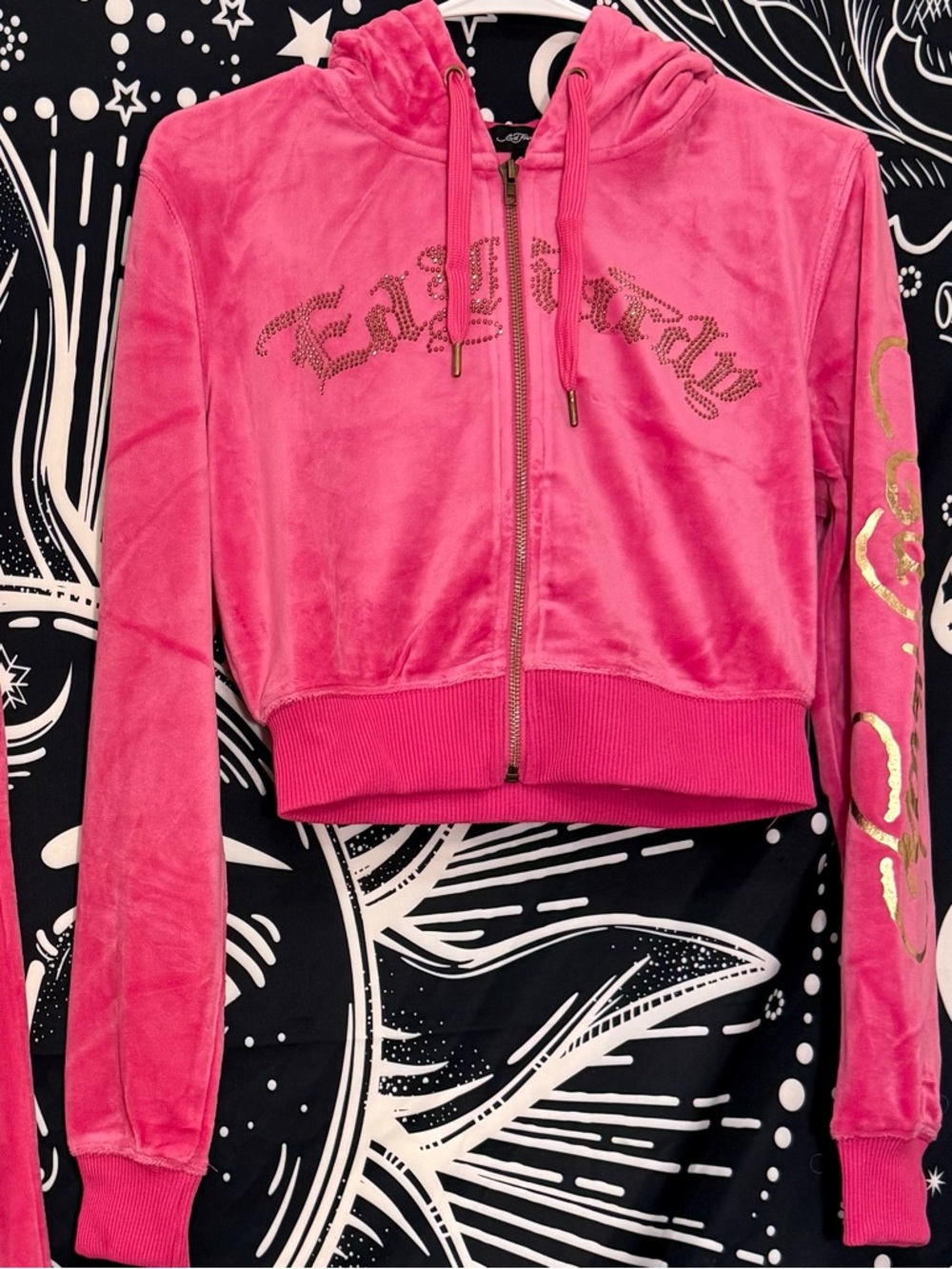 Ed Hardy Hot Pink Velour Zip Hoodie with Gold Accent